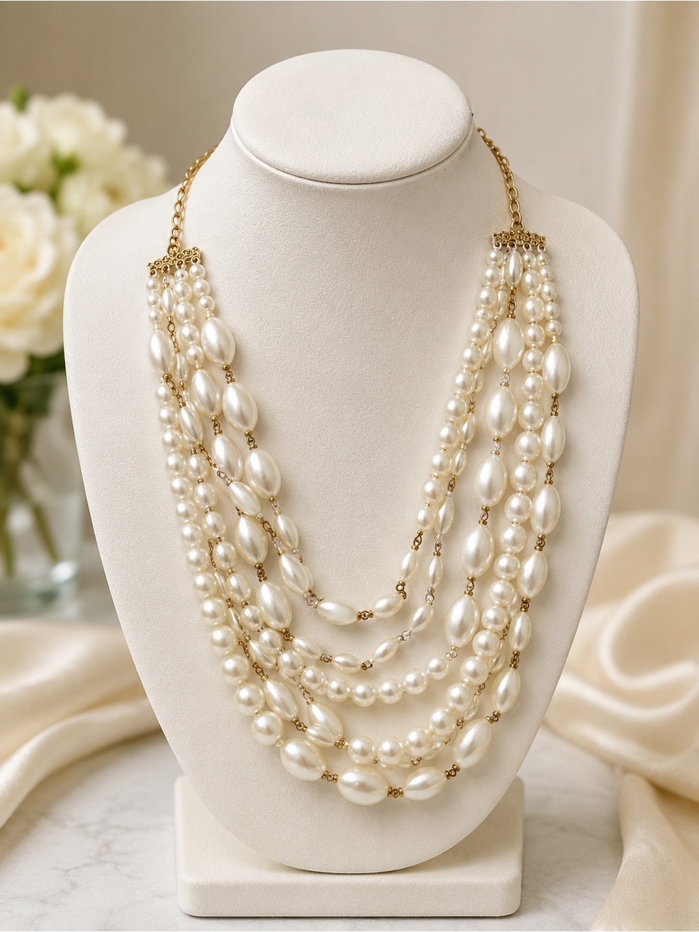 Elegant Multi Strand Pearl Bridal Statement Necklace Gold Tone Layered Jewelry - Picture 2 of 7